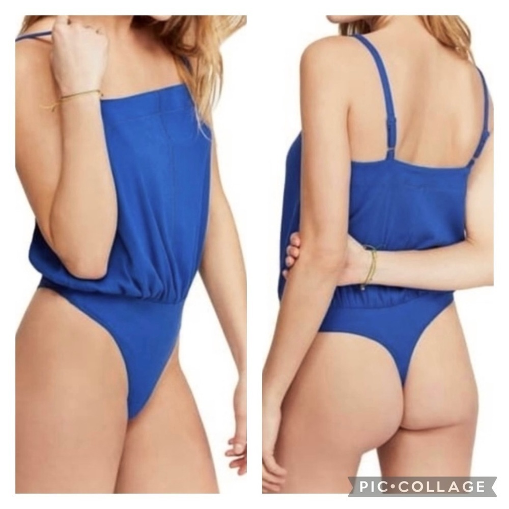 NWT Free People Intimately Marissa Bodysuit Royal Blue Knit Thong L Blouson Chic